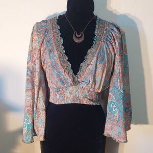 Karma Highway Cropped Paisley V-Neck Blouse